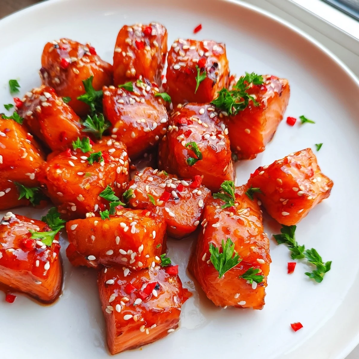 Crispy hot honey salmon bites scattered with sesame seeds and fresh chopped parsley