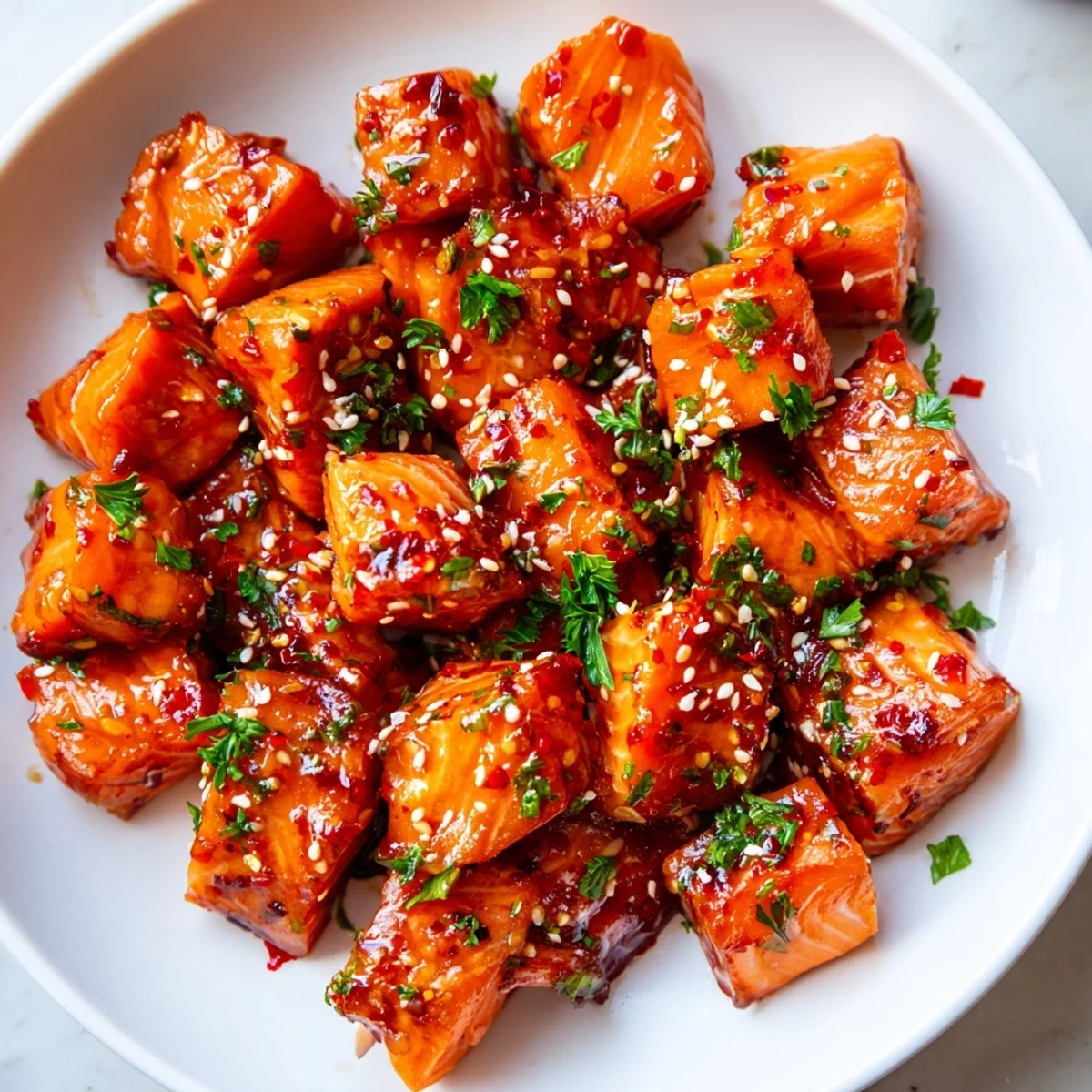 Golden hot honey salmon bites drizzled with glossy sauce served beside lemon wedges