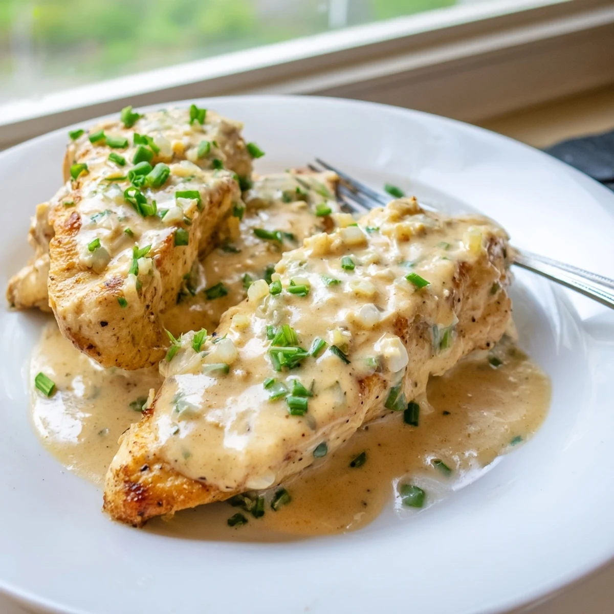 Golden pan-seared chicken with Boursin sauce drizzled in a creamy garlic herb reduction