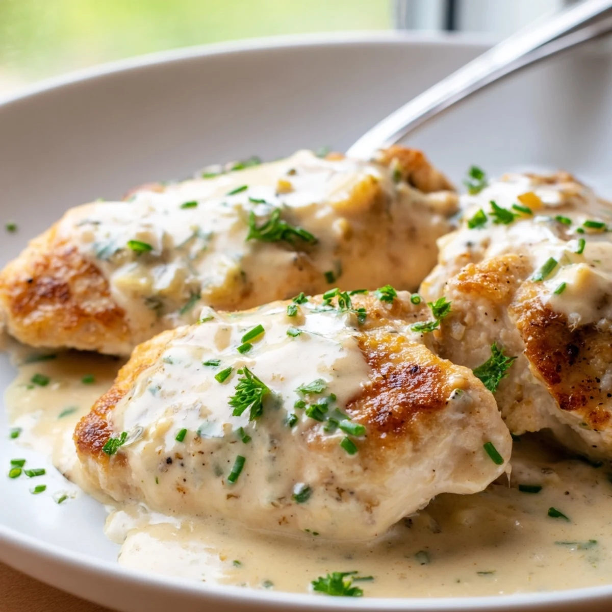 Creamy Boursin cheese sauce with garlic and fine herbs coating tender seared chicken breasts