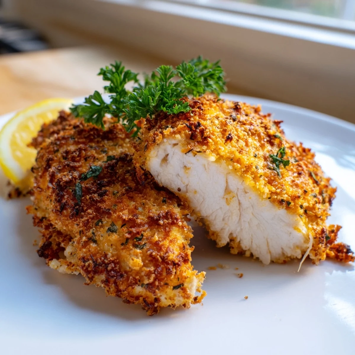Golden crispy herbed Parmesan chicken served hot with fresh lemon wedges