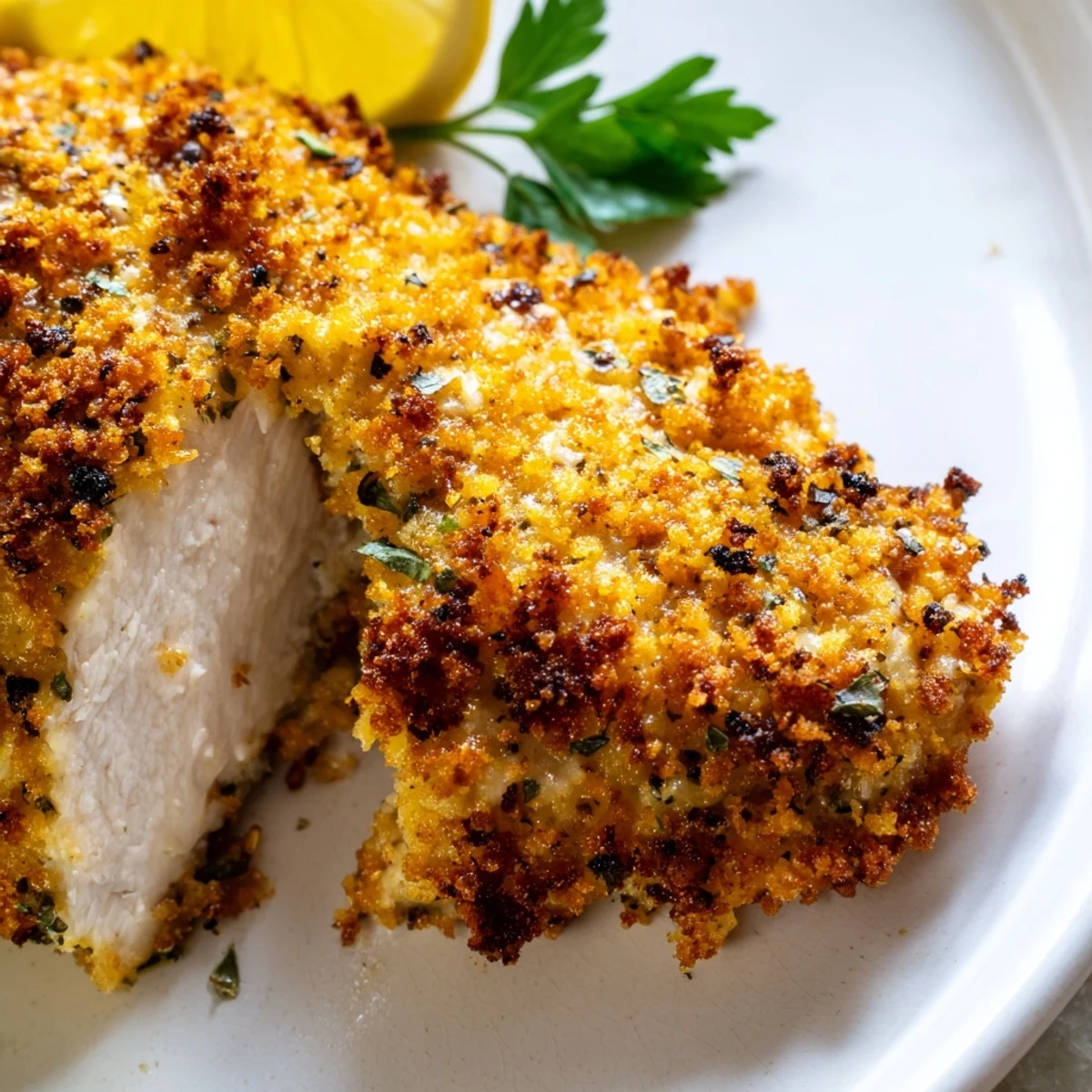 Crispy Parmesan-crusted herbed chicken on a plate with roasted vegetables alongside