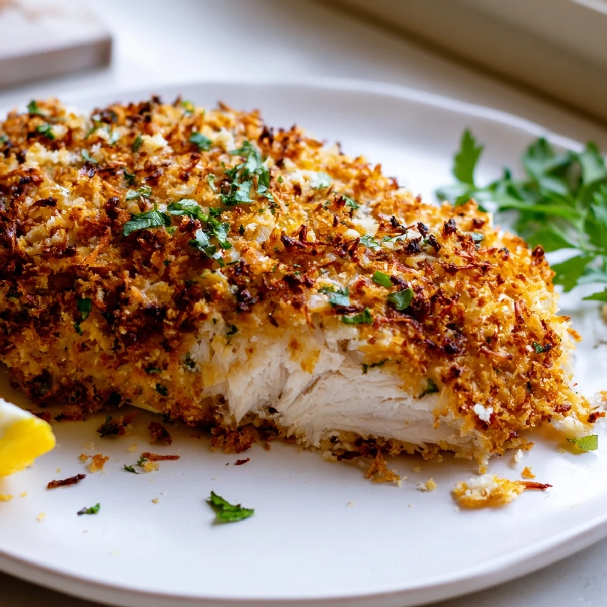 Juicy herbed Parmesan chicken fresh from the skillet with aromatic herbs