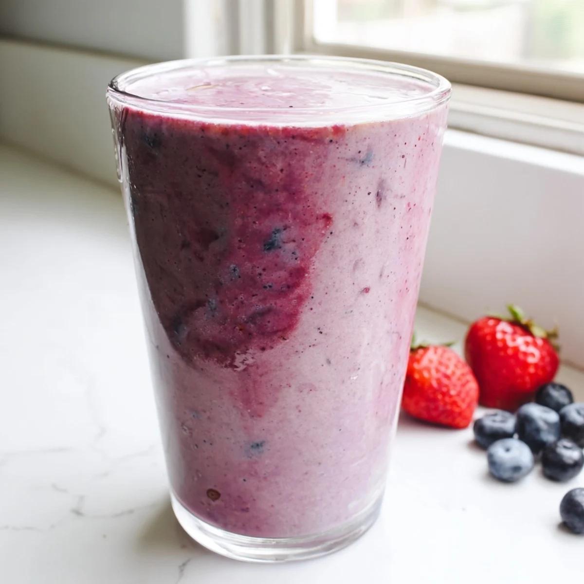 Creamy peanut butter berry smoothie topped with fresh strawberries and blueberries