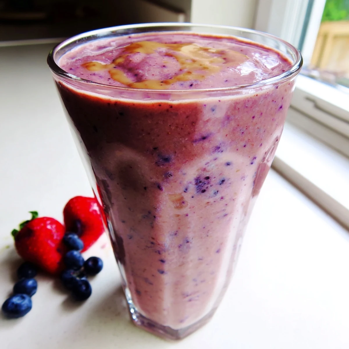 A thick purple peanut butter berry smoothie poured into two clear glasses