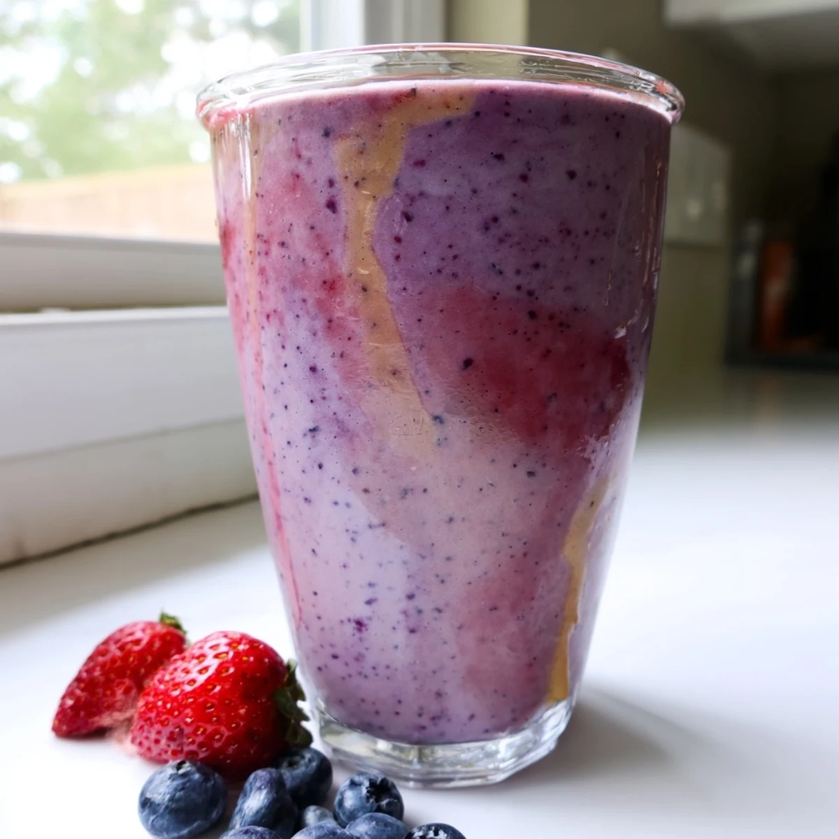 A frosted mason jar filled with rich peanut butter berry smoothie beside scattered berries