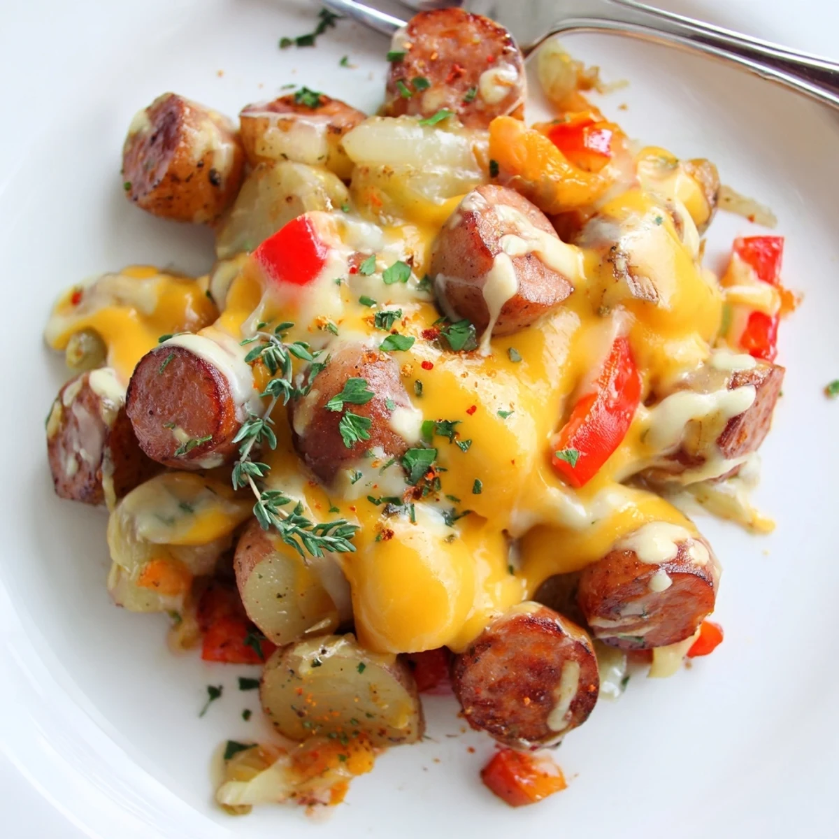 Golden bubbly melted cheddar tops this hearty cheesy kielbasa skillet with tender potatoes