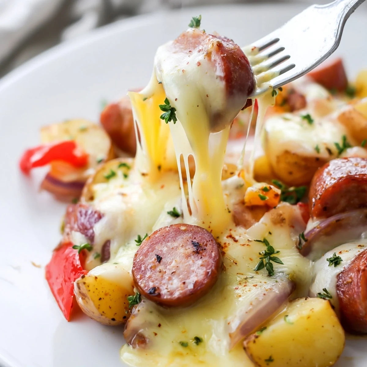 Smoky sausage and crisp bell peppers star in this cheesy kielbasa skillet dinner