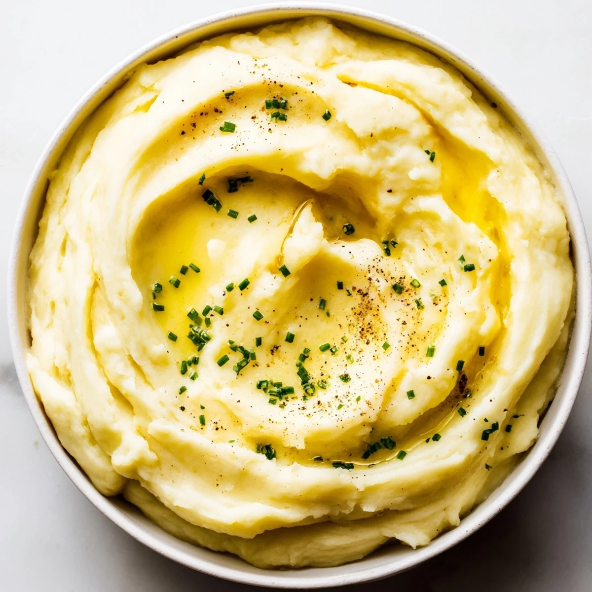 A bowl of velvety mashed potatoes topped with a melting pat of golden butter