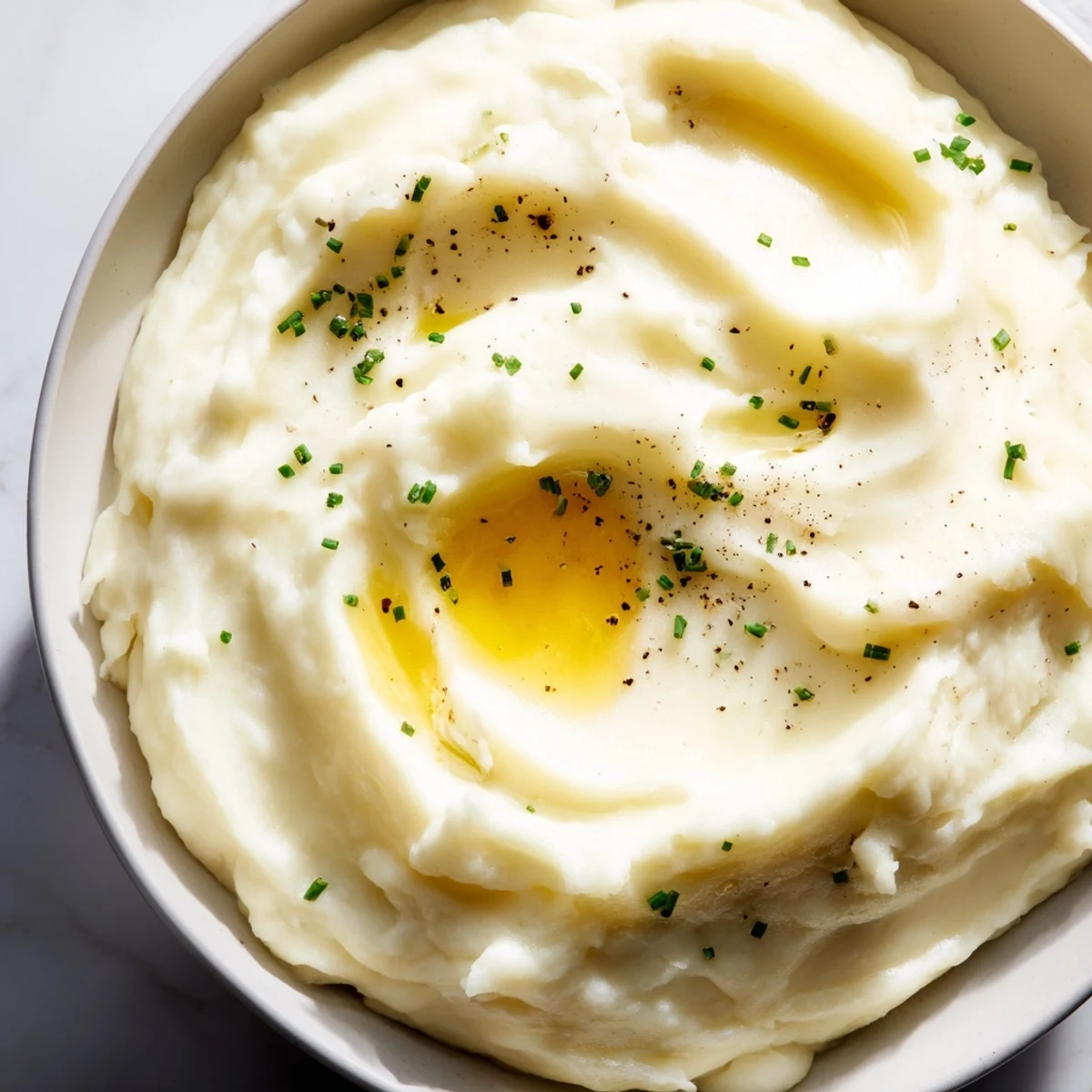 Creamy velvety mashed potatoes swirled with rich butter and warmed heavy cream
