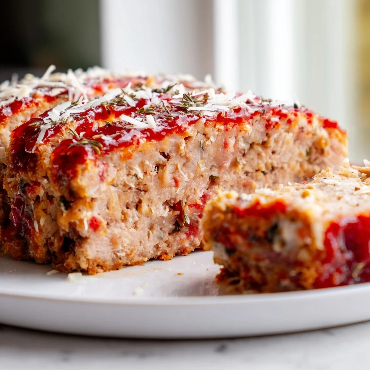 Golden Parmesan chicken meatloaf sliced thick with tangy tomato glaze on a rustic plate