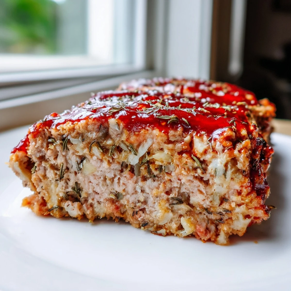 Juicy Parmesan chicken meatloaf topped with bubbling marinara and melted cheese fresh from the oven