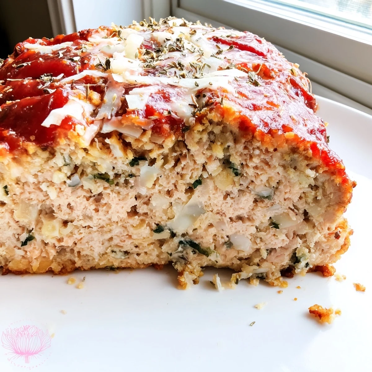 Tender Parmesan chicken meatloaf garnished with fresh herbs served alongside creamy mashed potatoes
