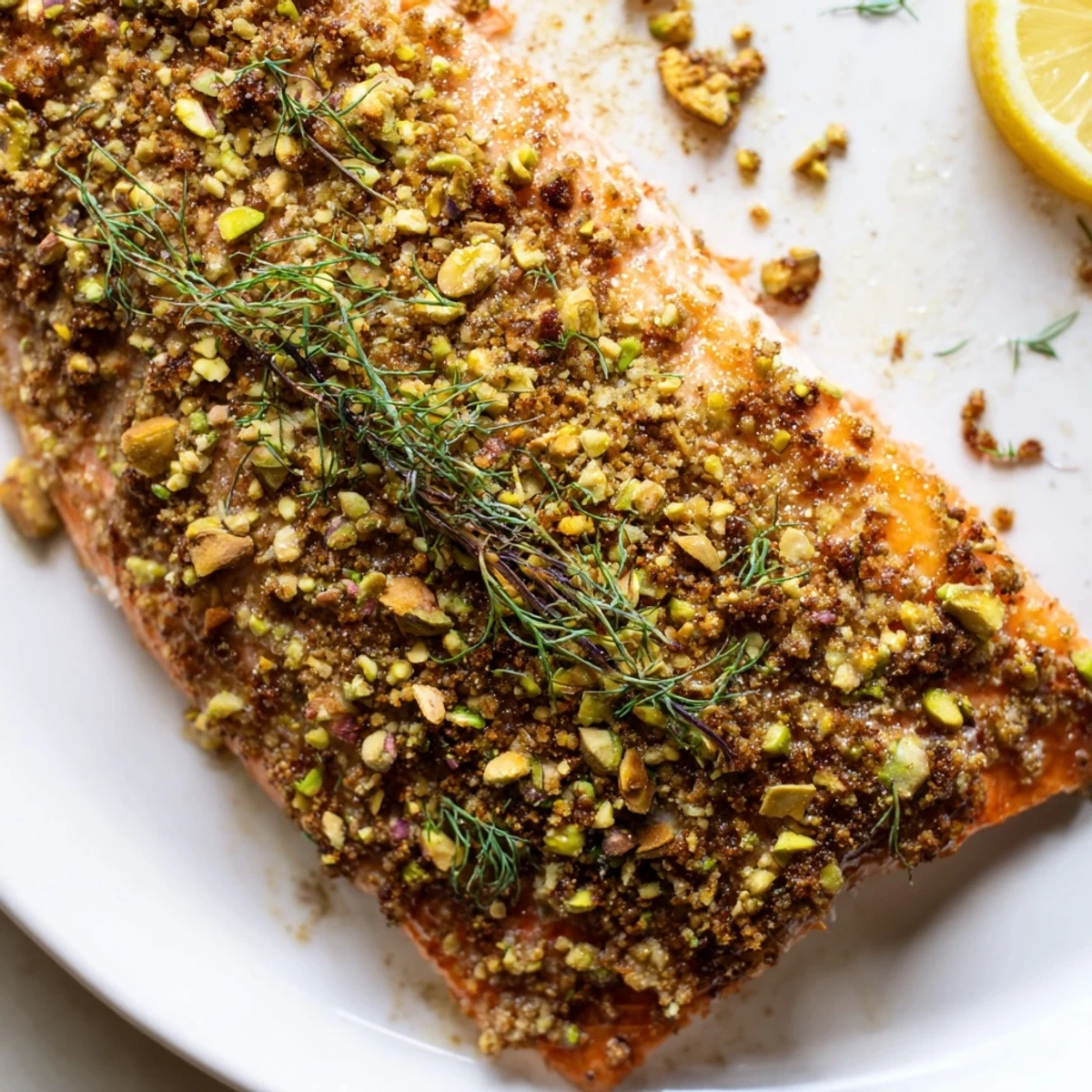 Crunchy pistachio-crusted maple salmon garnished with fresh dill and bright lemon wedges