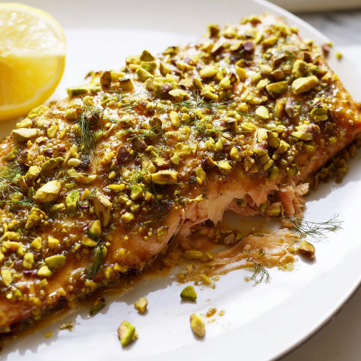 Golden maple pistachio salmon fillet fresh from the oven on a parchment-lined baking sheet