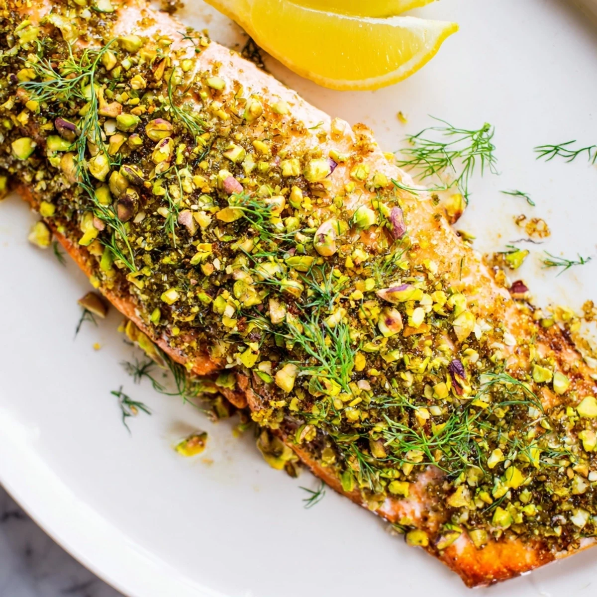 Oven-baked maple pistachio salmon with a glistening mustard glaze and golden nutty topping