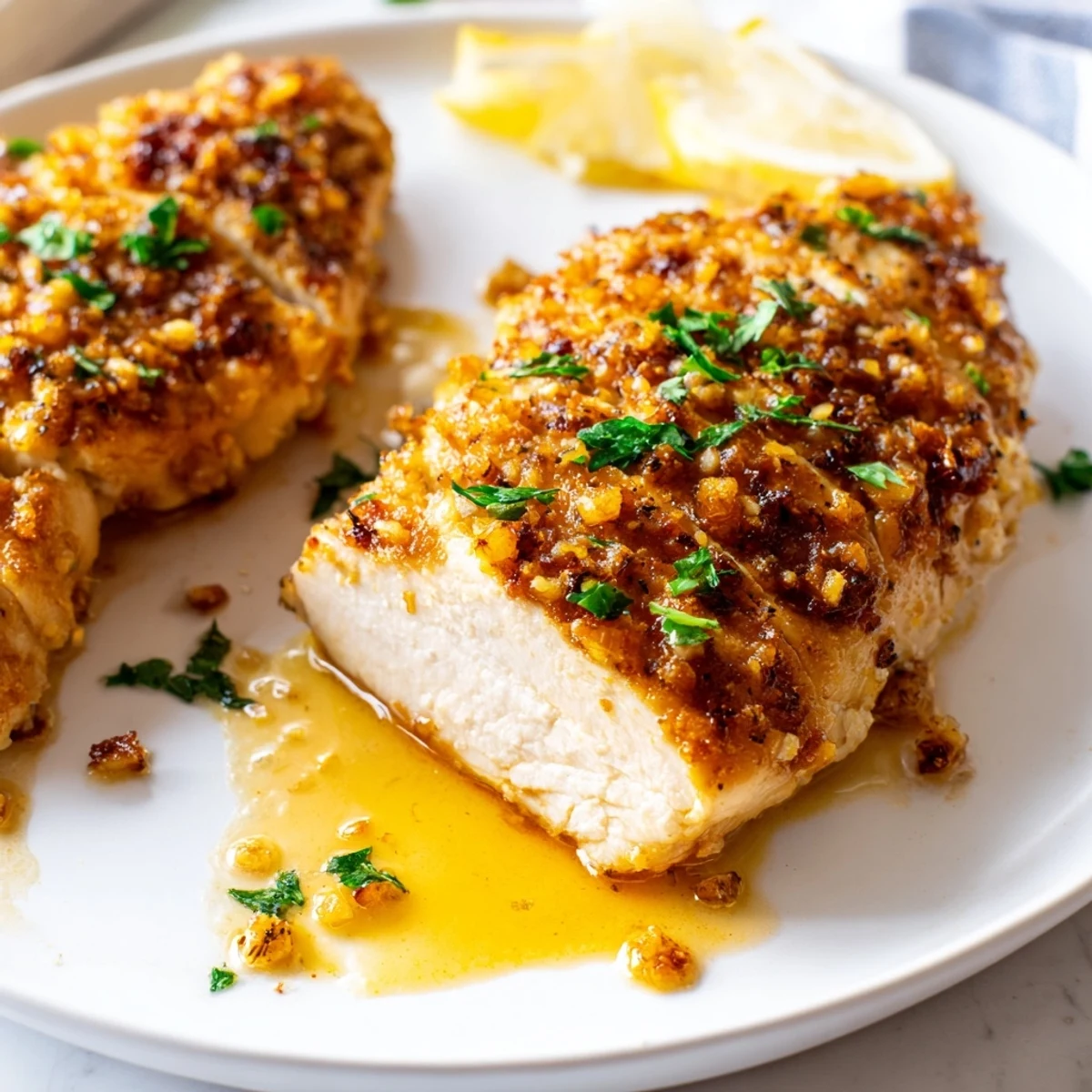 Golden garlic butter baked chicken breast garnished with fresh parsley and lemon wedges