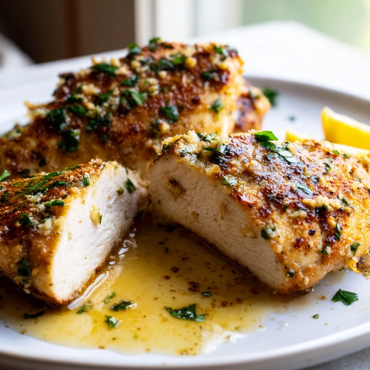 Crispy-topped garlic butter baked chicken breast surrounded by pan juices in a rustic baking dish