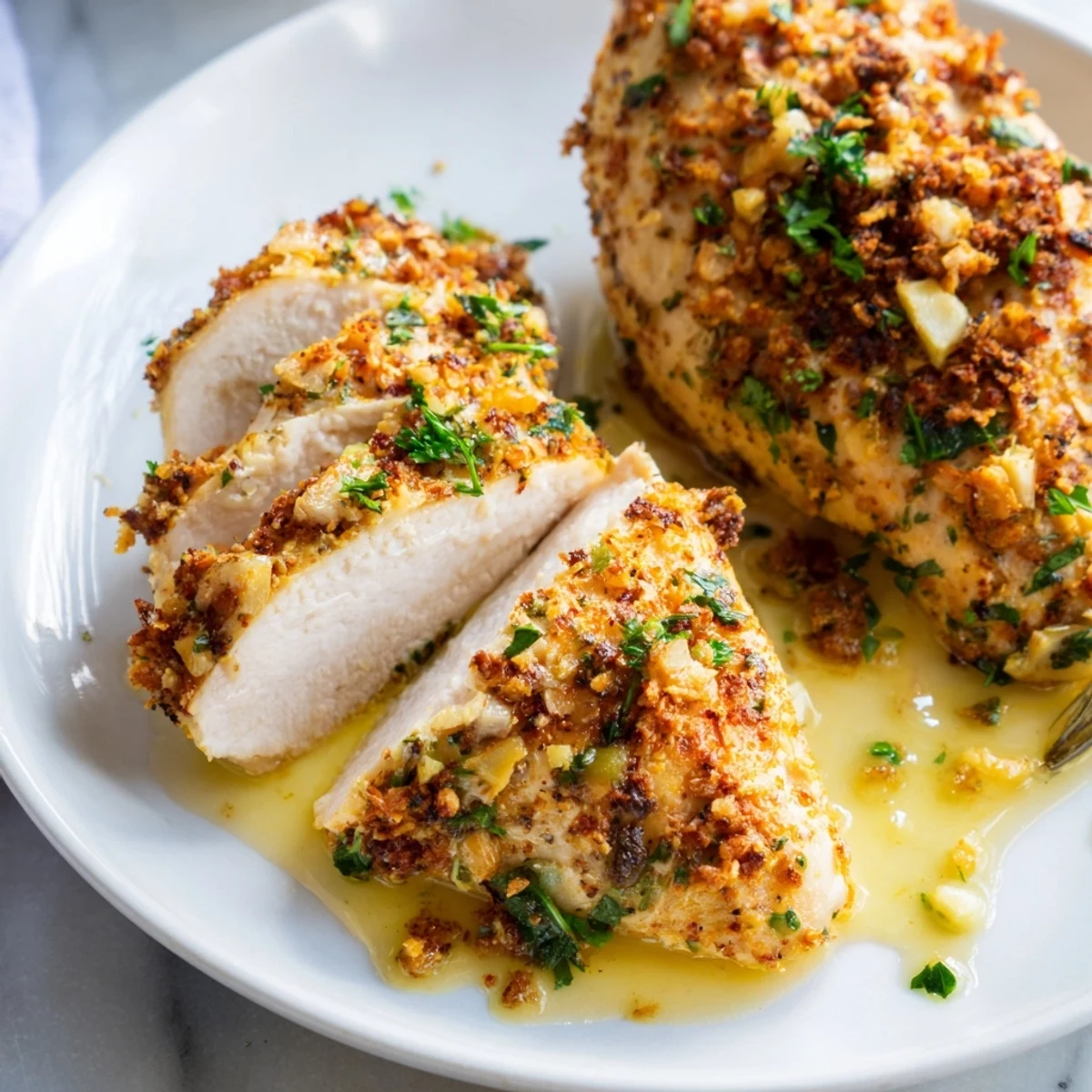 Juicy garlic butter baked chicken breast drizzled in rich herb sauce on a white plate