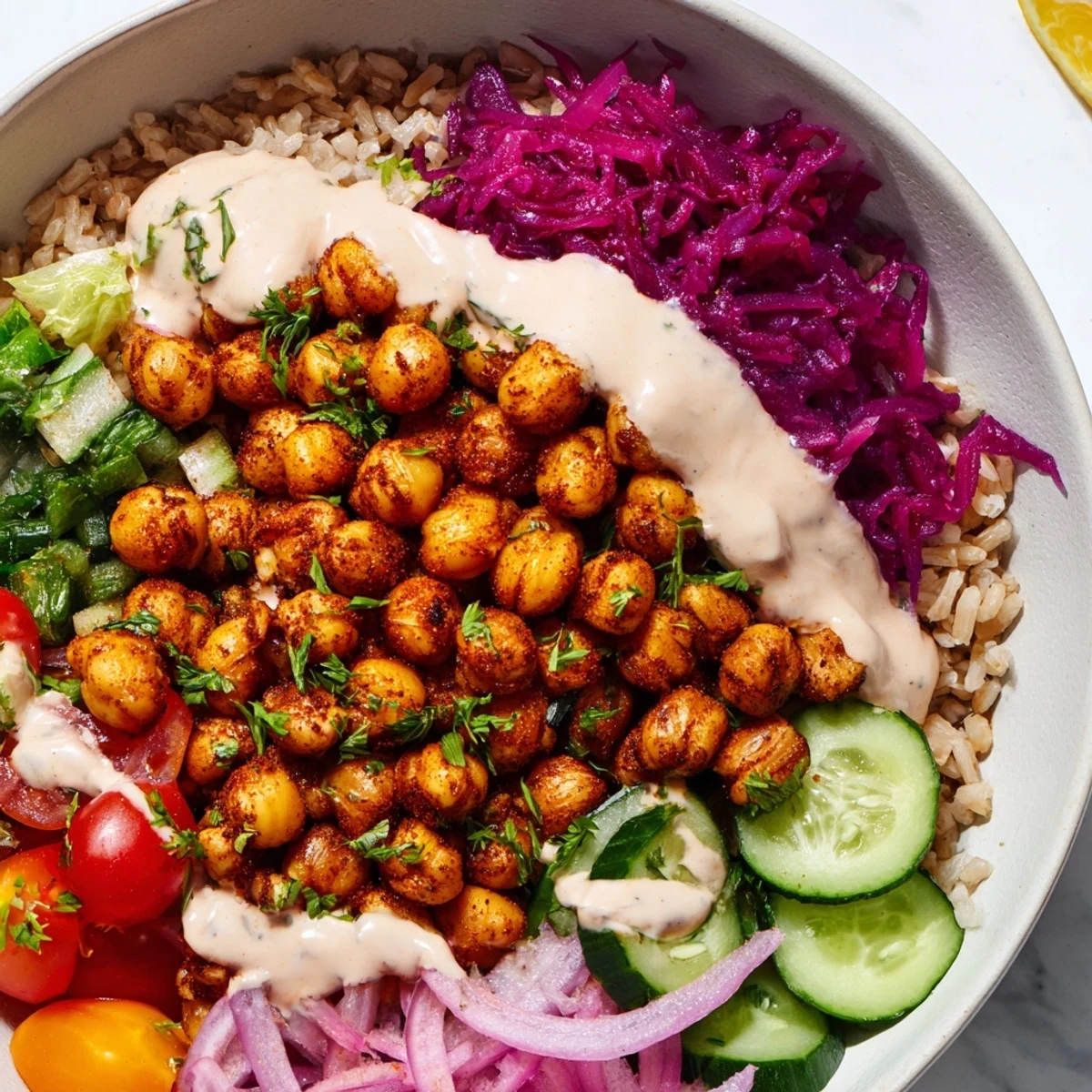 Crispy spiced chickpea shawarma bowl drizzled with creamy tahini over fresh greens
