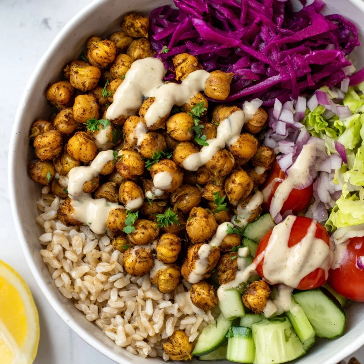 Golden roasted chickpea shawarma bowl with colorful vegetables and tangy pickled cabbage