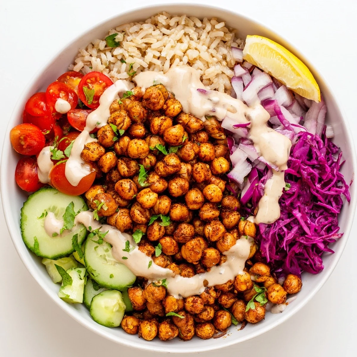 Vibrant chickpea shawarma bowl served on fluffy rice with lemon wedges alongside