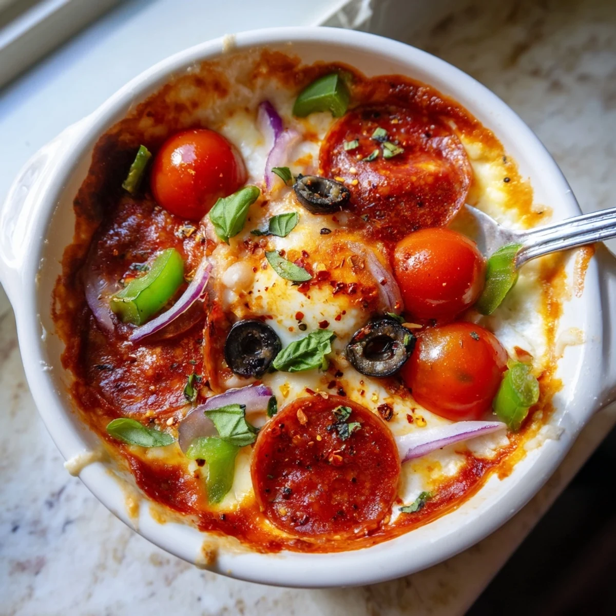 Cottage Cheese Pizza Bowl with bubbling mozzarella, cherry tomatoes, and fresh basil garnish