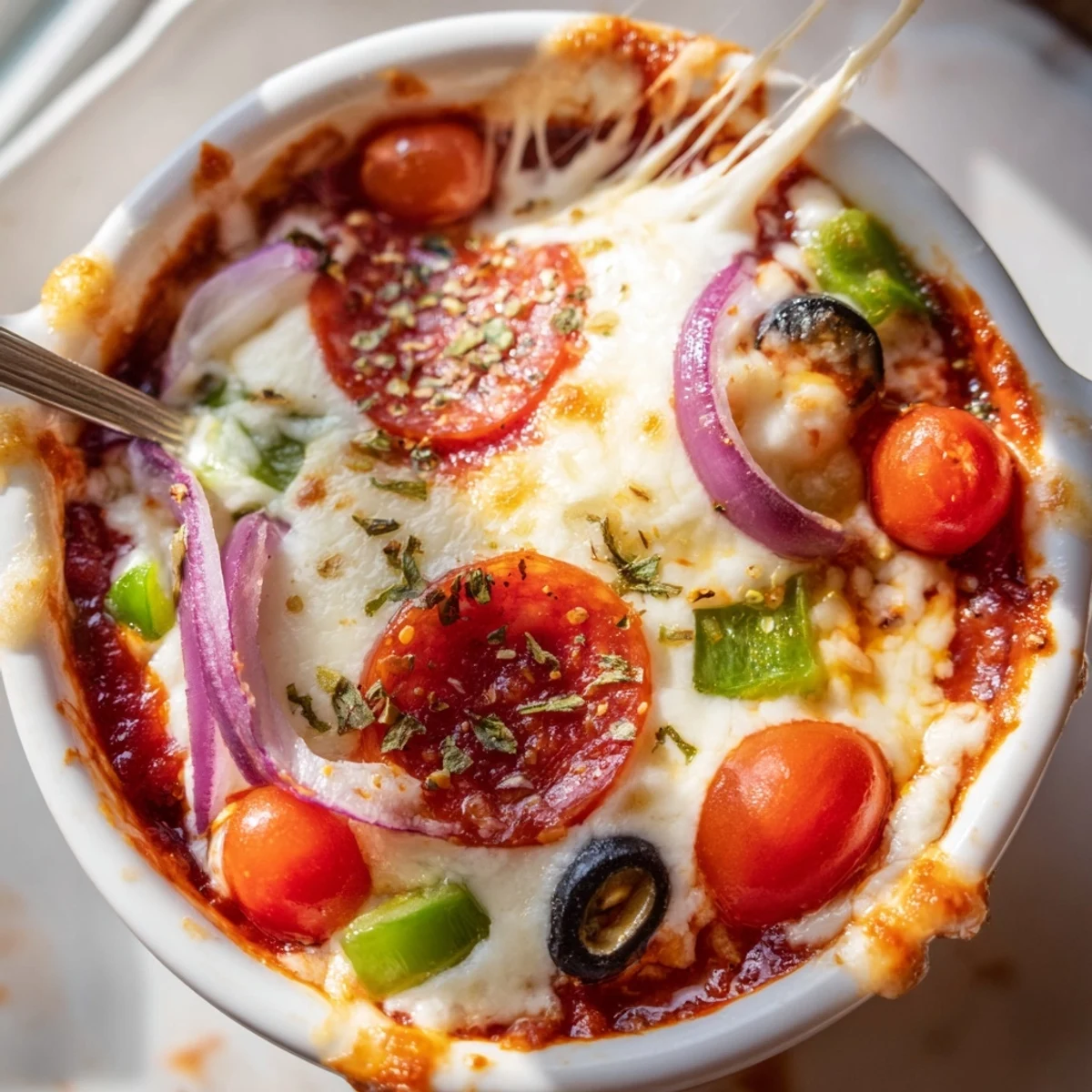Golden baked Cottage Cheese Pizza Bowl topped with pepperoni, peppers, and melted cheese