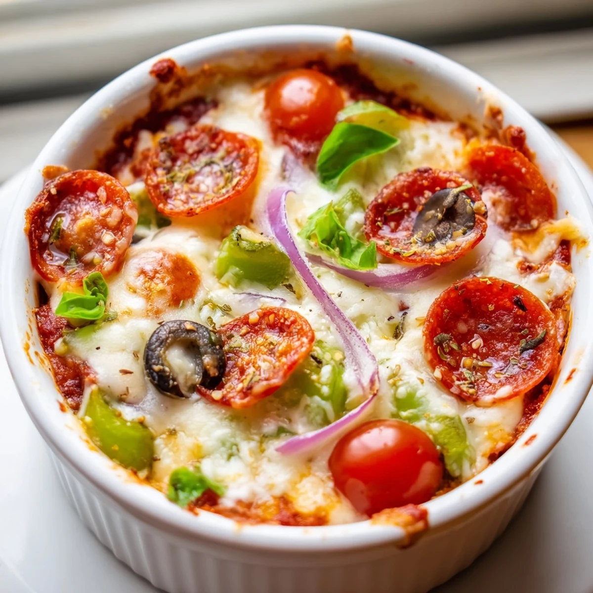 Creamy Cottage Cheese Pizza Bowl served hot with marinara, olives, and a golden crust