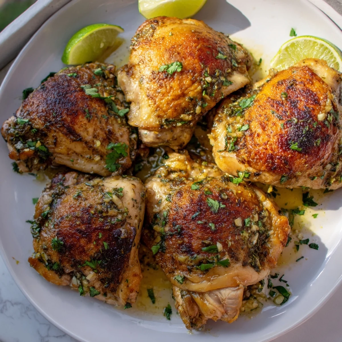 Golden crispy Cuban Mojo Chicken Thighs roasted with fragrant garlic and fresh citrus herbs