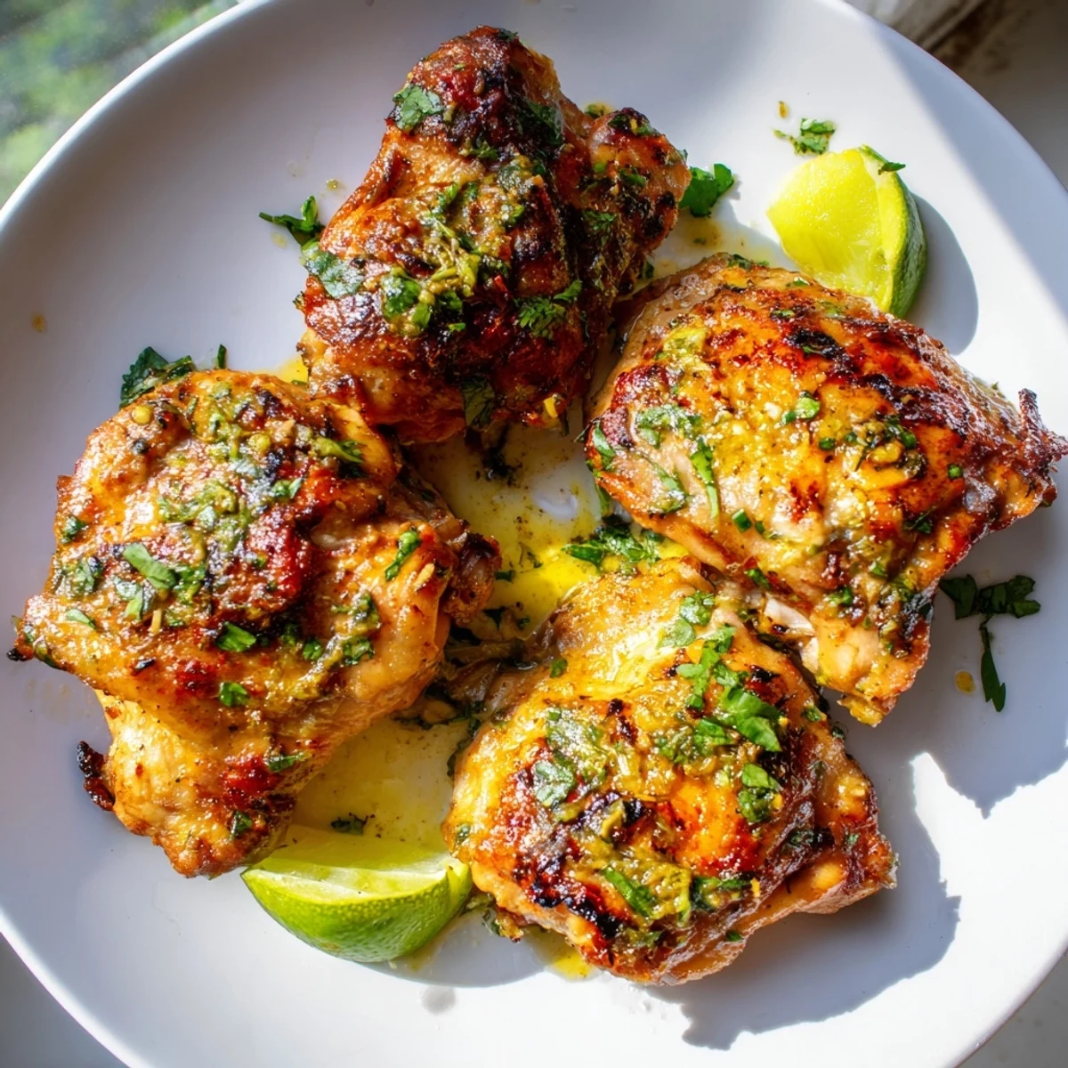 Juicy Cuban Mojo Chicken Thighs glistening with vibrant orange and lime mojo glaze