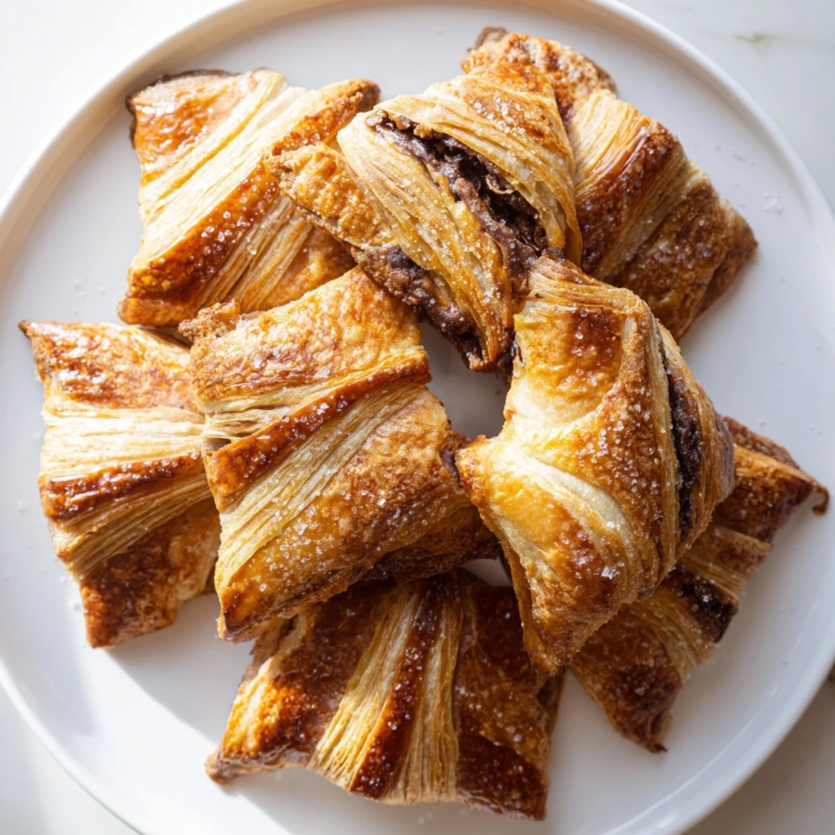 Golden chocolate croissant cookies with flaky layers and melted chocolate centers