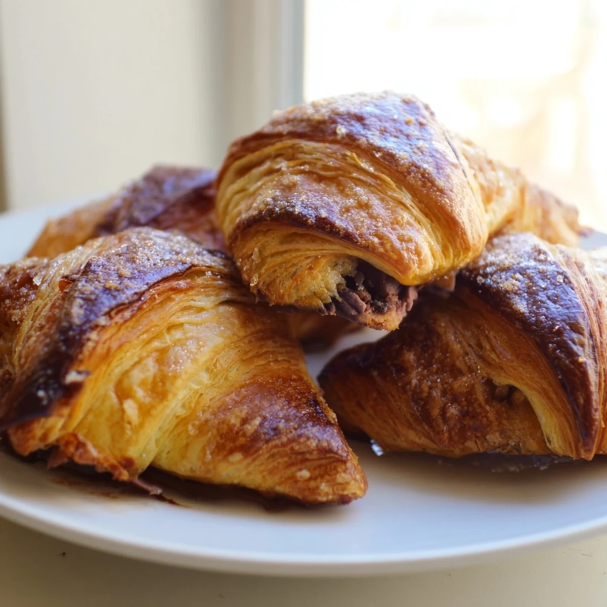 Crispy chocolate croissant cookies dusted with sparkling sugar on a wire rack