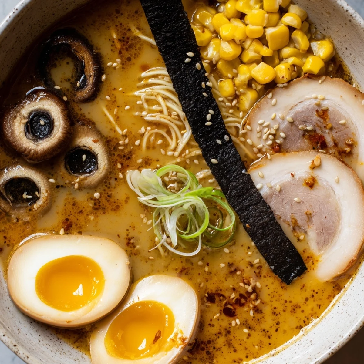 Steaming bowl of ramen with soft-boiled egg, sliced pork, and nori strips