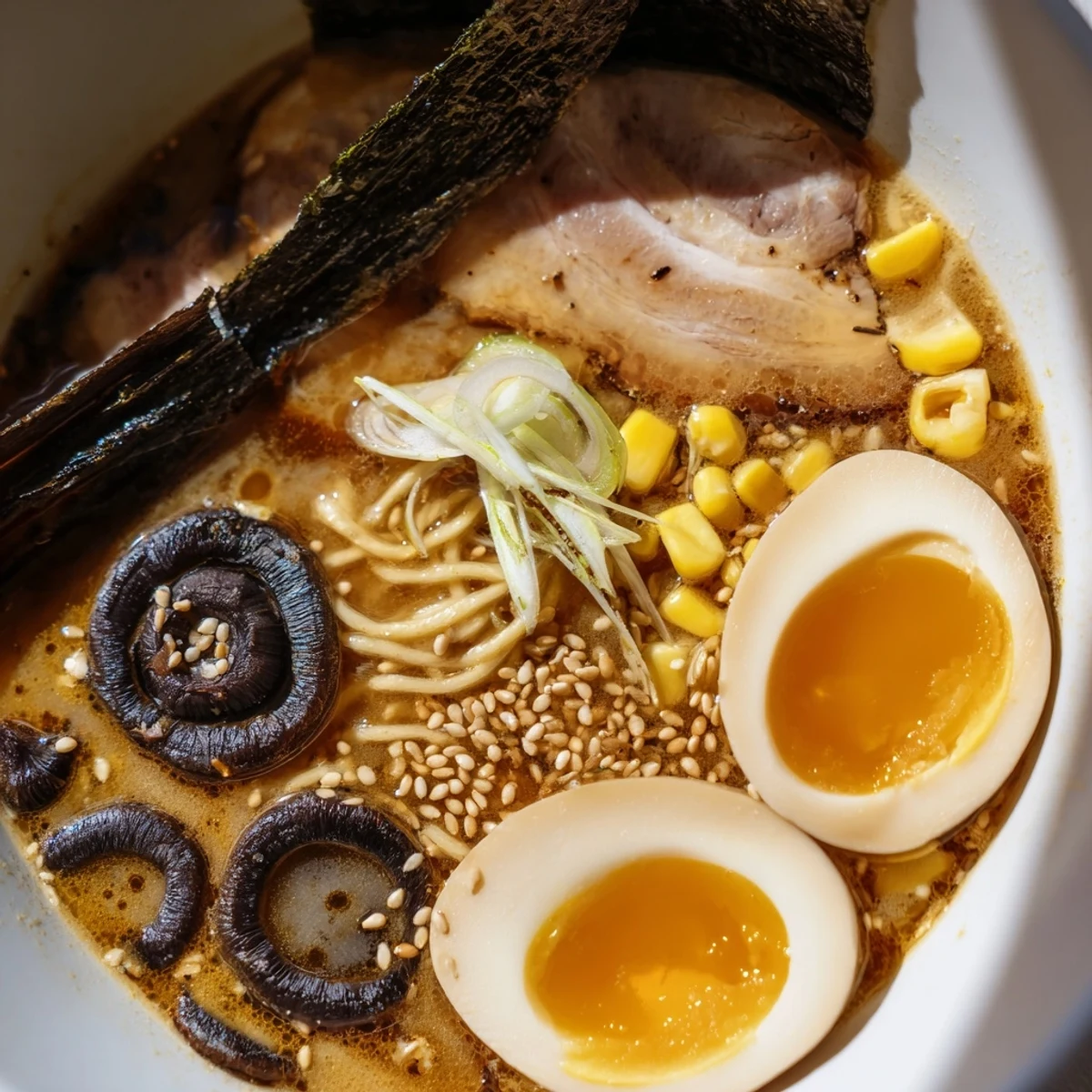 Rich miso ramen topped with mushrooms, spring onions, and toasted sesame seeds
