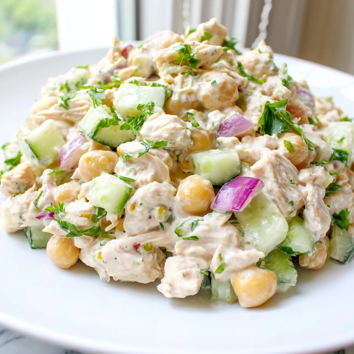 Creamy tuna chickpea cucumber salad served in a rustic bowl with fresh herbs