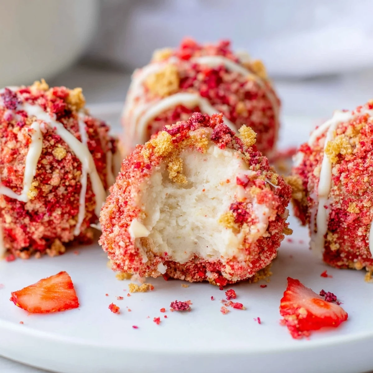 Creamy strawberry crunch cheesecake bites coated in golden cookie crumbs on a parchment-lined tray