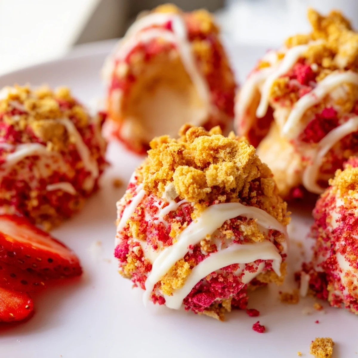 Golden-coated strawberry crunch cheesecake bites drizzled with white chocolate and topped with fresh strawberries