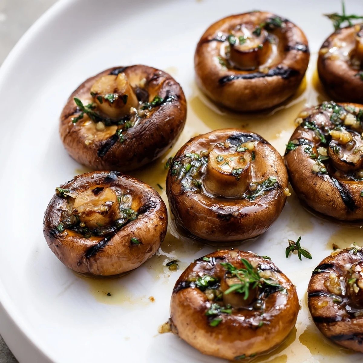 Juicy grilled garlic butter mushrooms with charred edges on a rustic platter