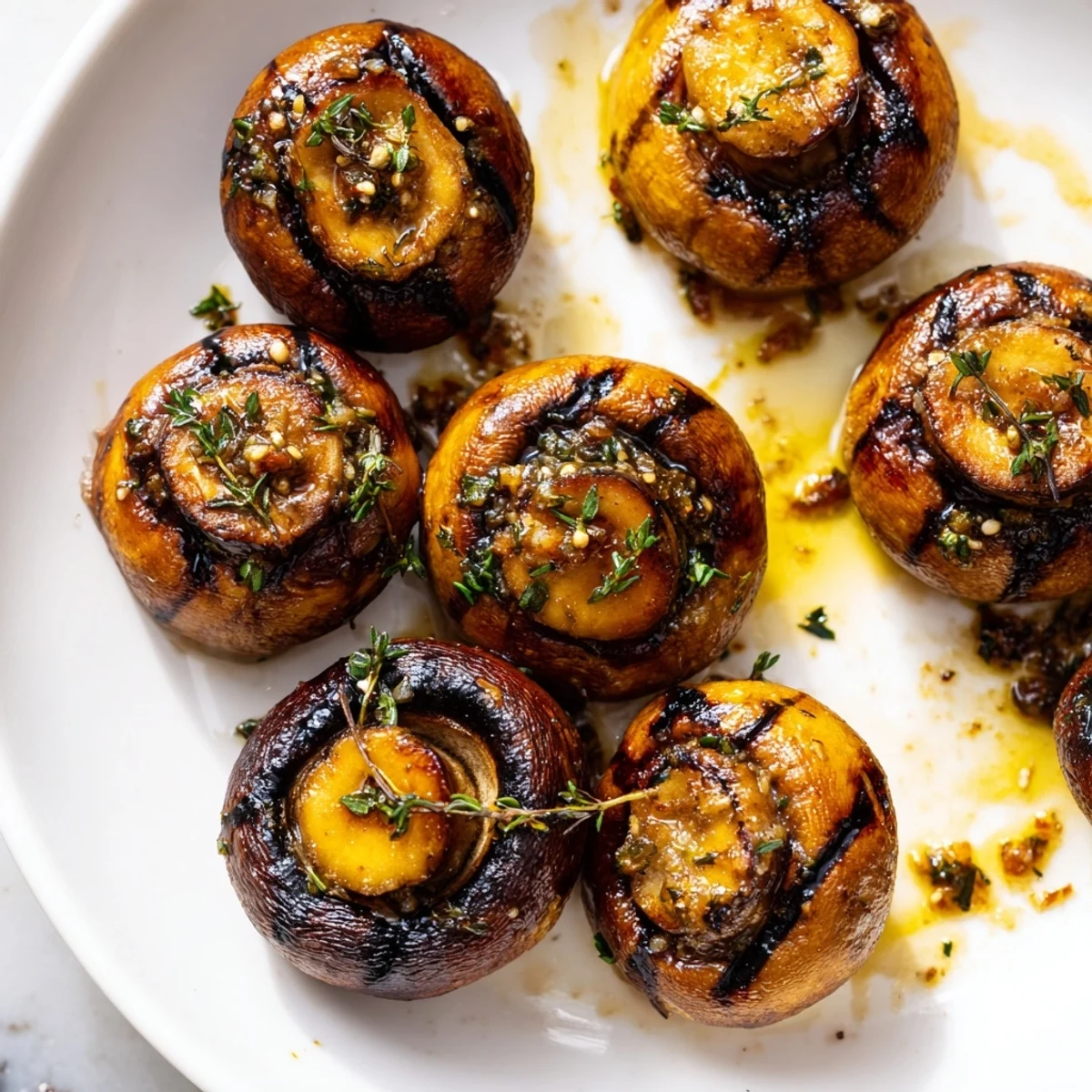 Steakhouse garlic butter grilled mushrooms glistening with herbs and golden grill marks