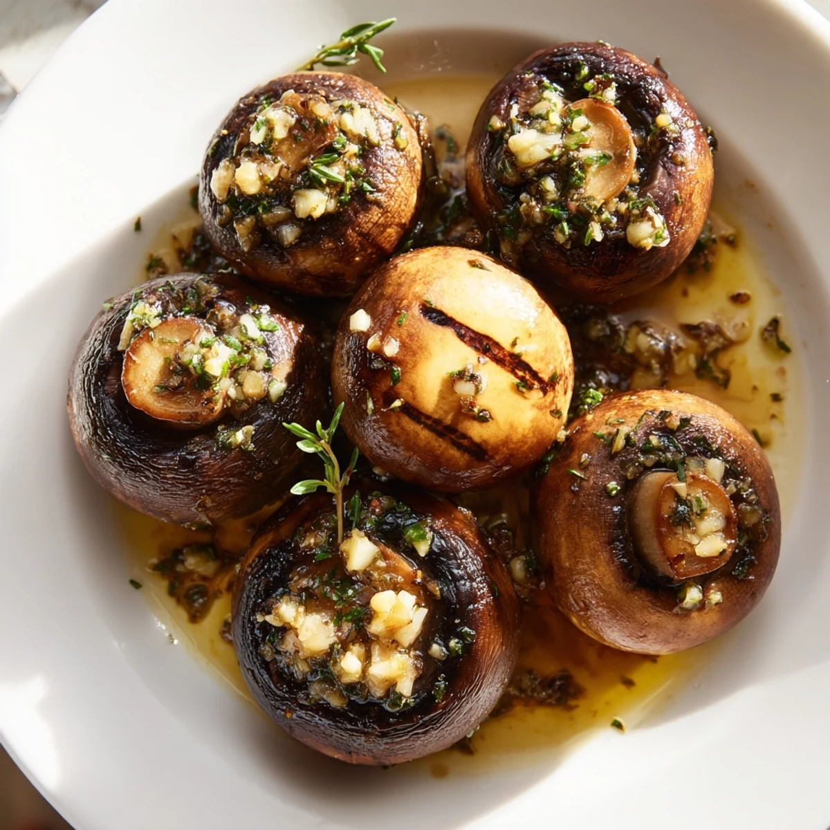 Tender garlic butter marinated grilled mushrooms piled in a cast iron skillet