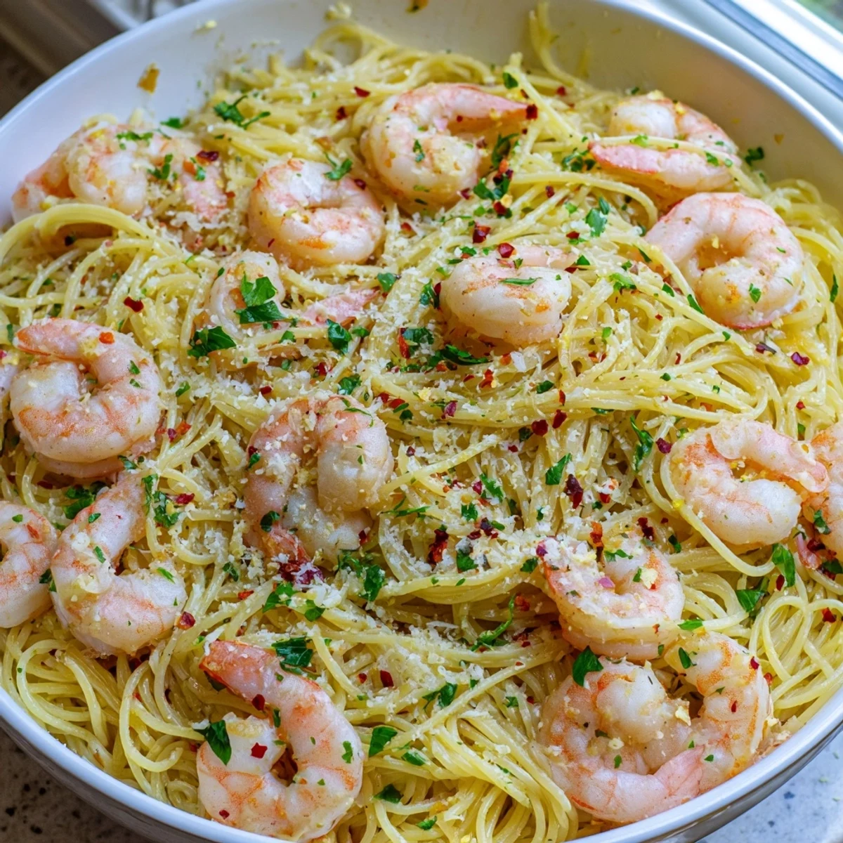 Garlic Butter Shrimp Angel Hair Pasta topped with fresh parsley and grated Parmesan cheese