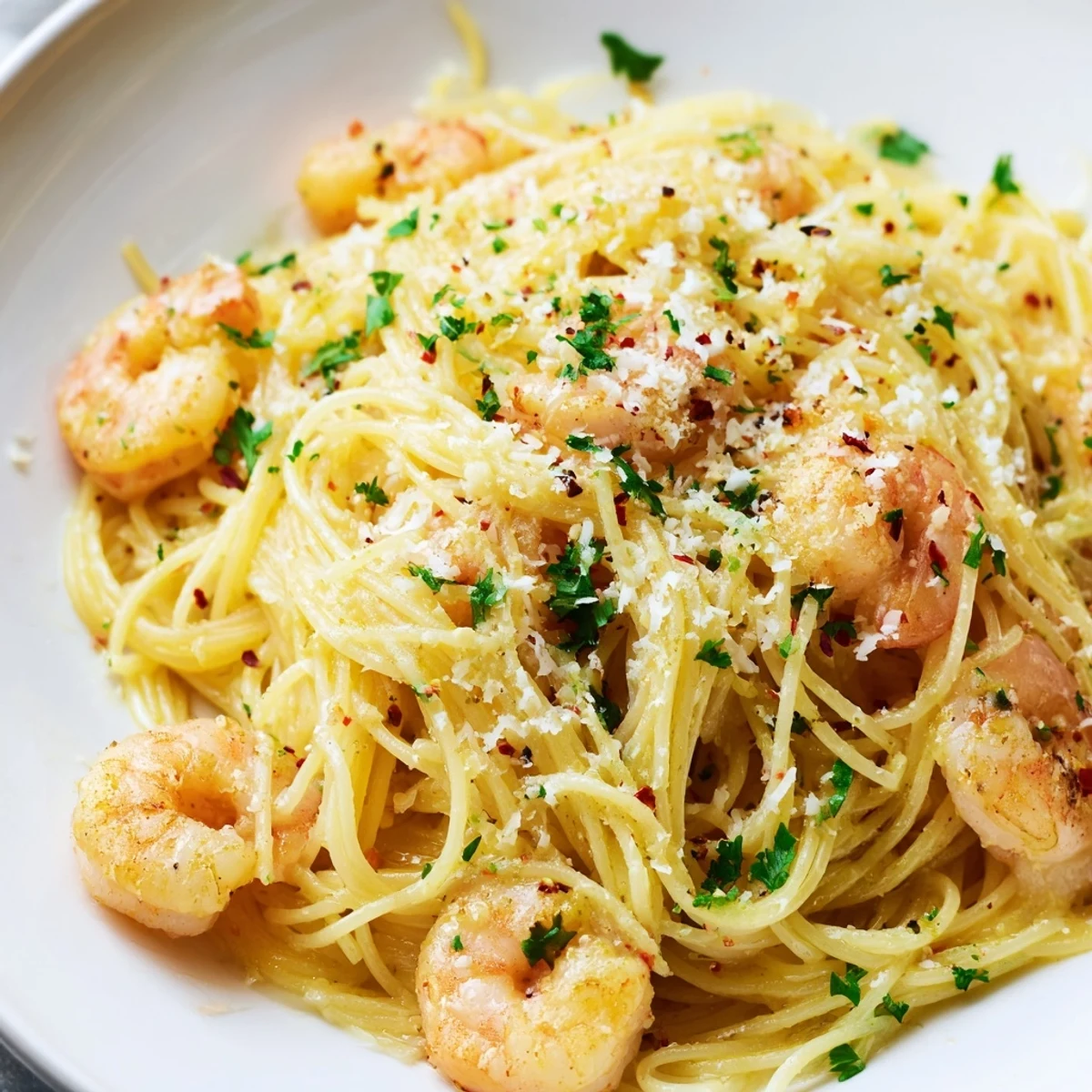 Golden pan-seared shrimp tossed with delicate Garlic Butter Shrimp Angel Hair Pasta and lemon wedges