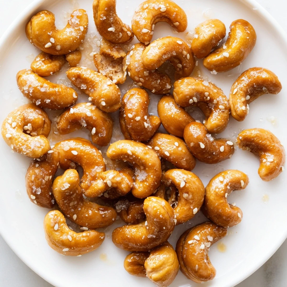 Golden honey sesame cashews glistening with a sweet sticky glaze on parchment paper
