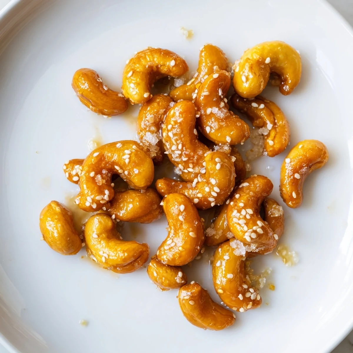 Crunchy honey sesame cashews scattered with toasted seeds in a rustic bowl