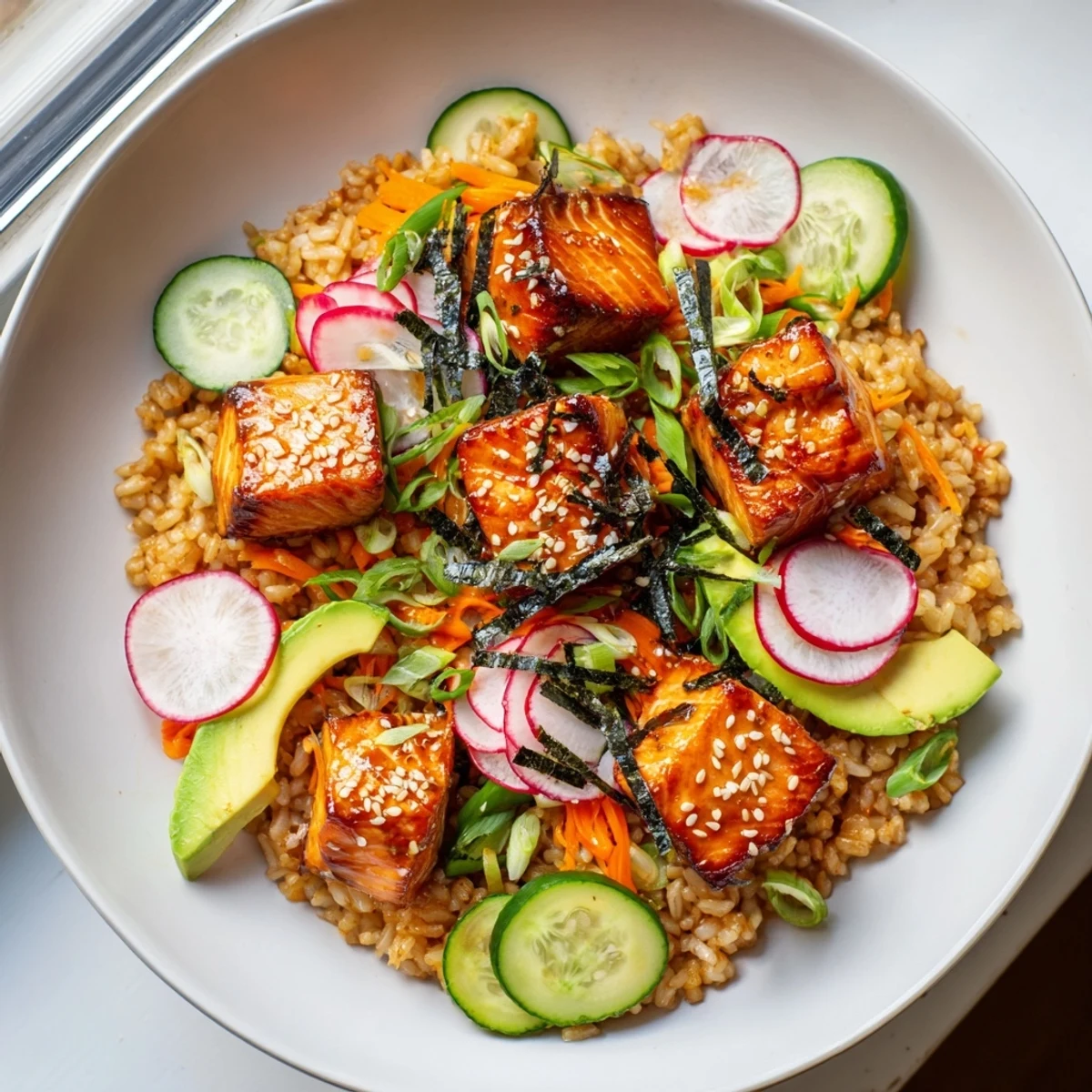 Crispy salmon rice salad topped with colorful vegetables and ginger dressing drizzle