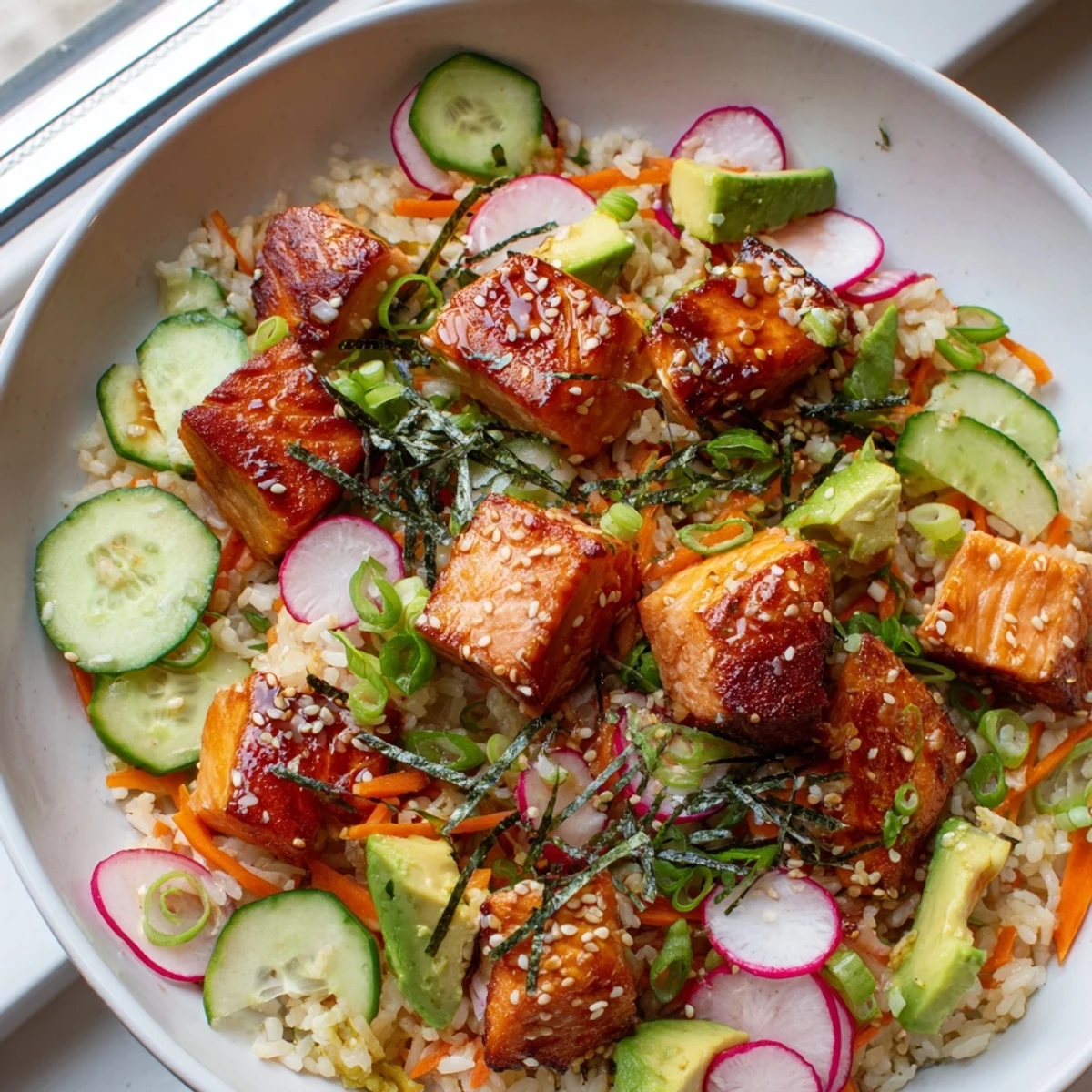 Golden pan-seared salmon bites over seasoned rice in a fresh crispy salmon rice salad