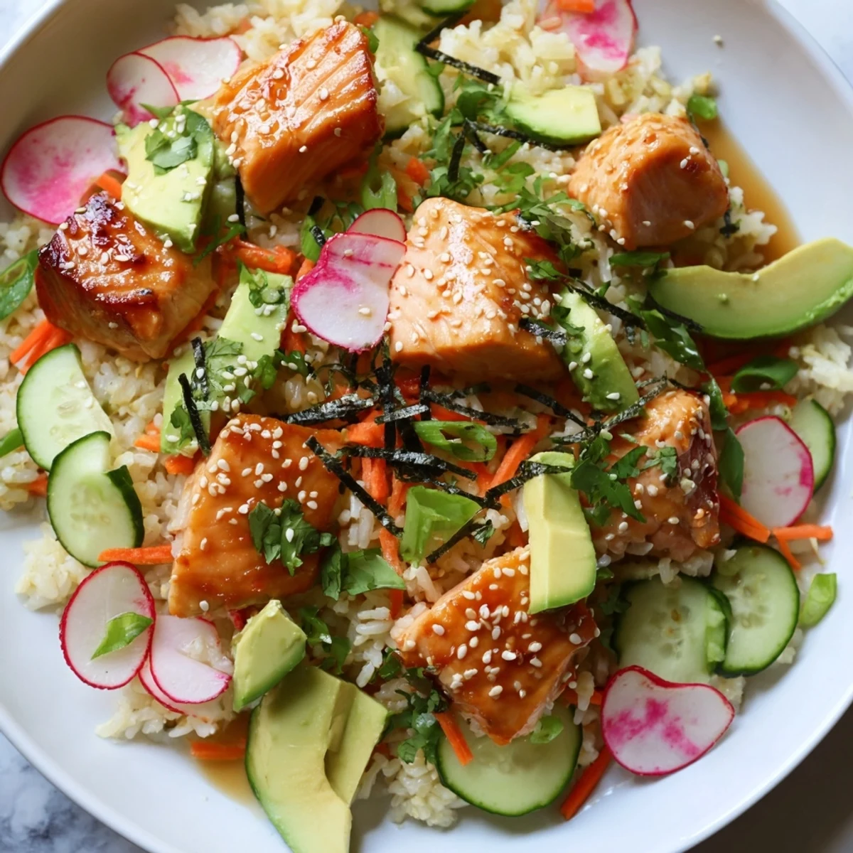Crispy salmon rice salad served on a platter with avocado and sesame garnish