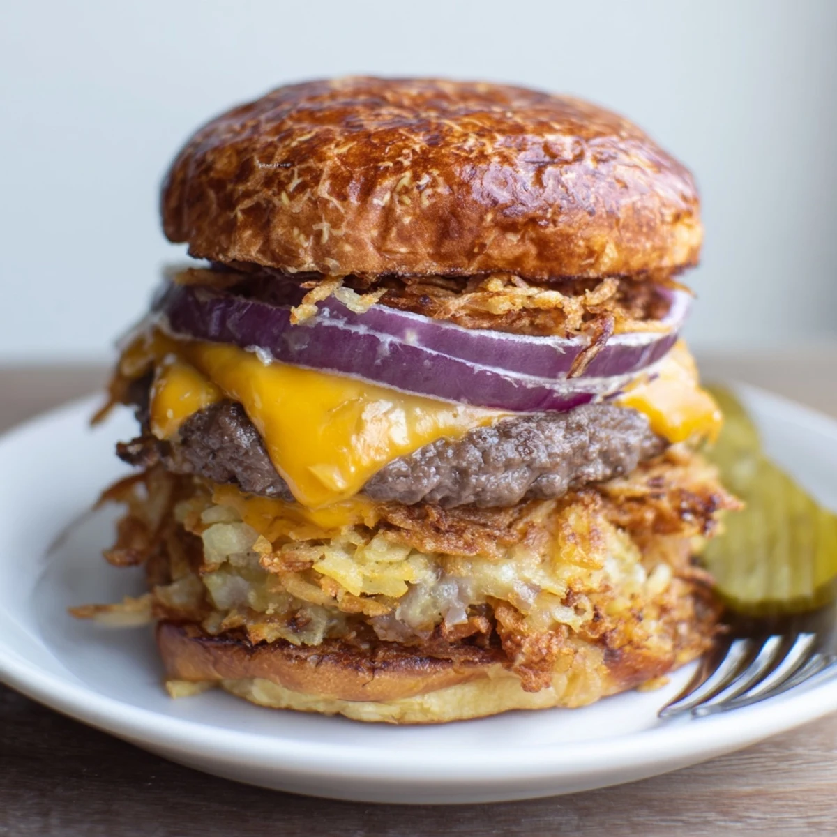 Crispy hash brown smash burgers with melty cheddar on a toasted bun