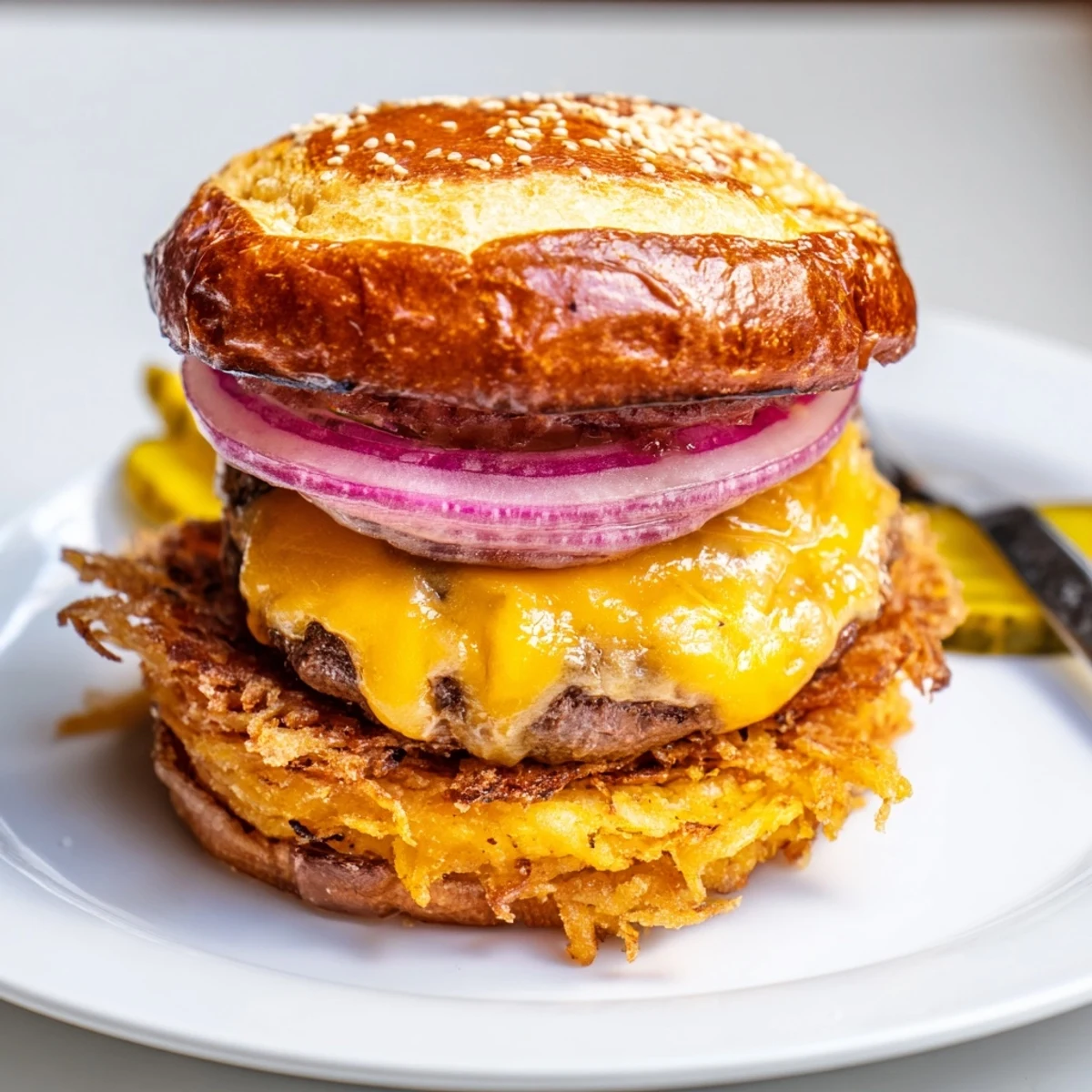 Golden hash brown smash burgers stacked with pickles, lettuce, and tomato